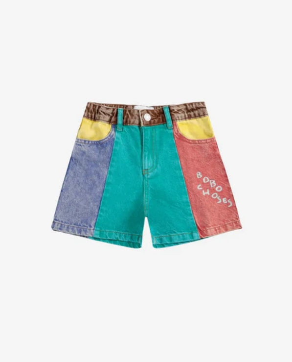 Color block denim shorts